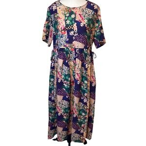 Buykud Floral‎ Print Short Sleeve Loose Midi Dress, Size Medium
